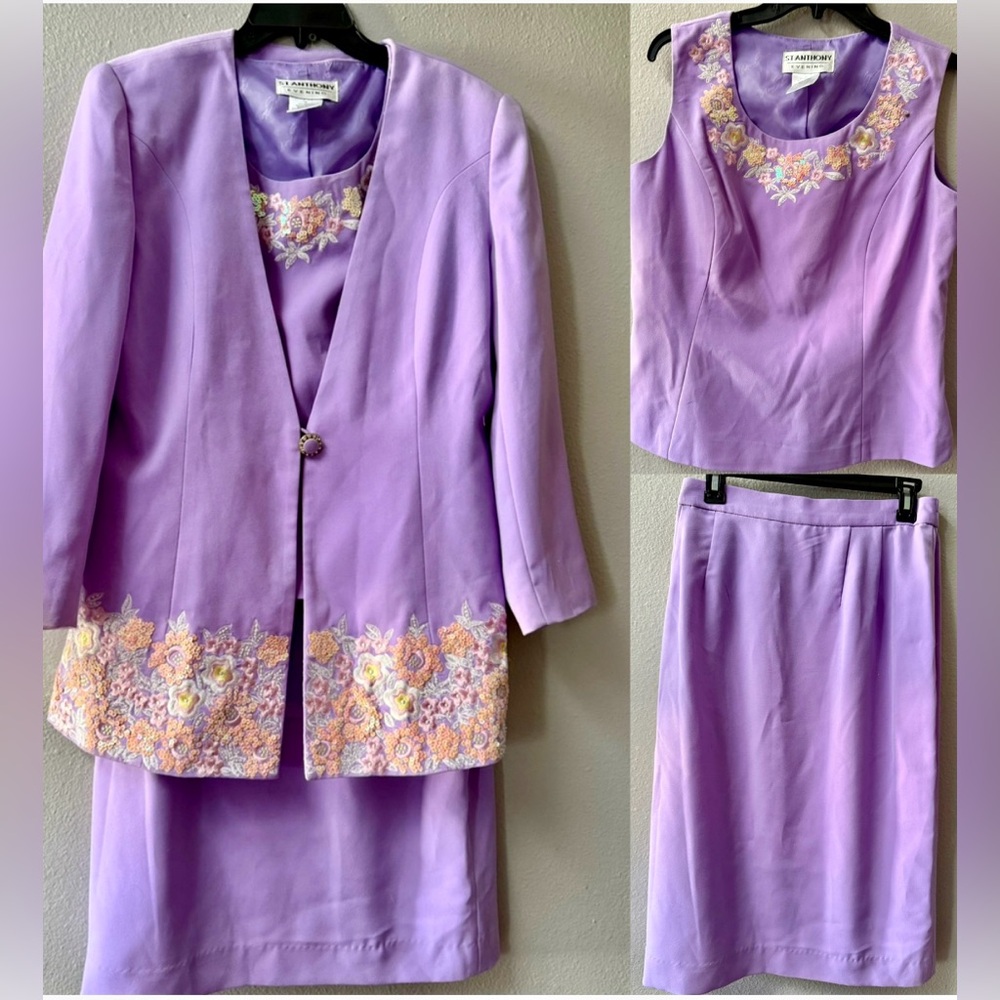 ST. ANTHONY LILAC FLORAL EMBROIDERED 3PC. SKIRT SUIT WOMENS SIZE 12